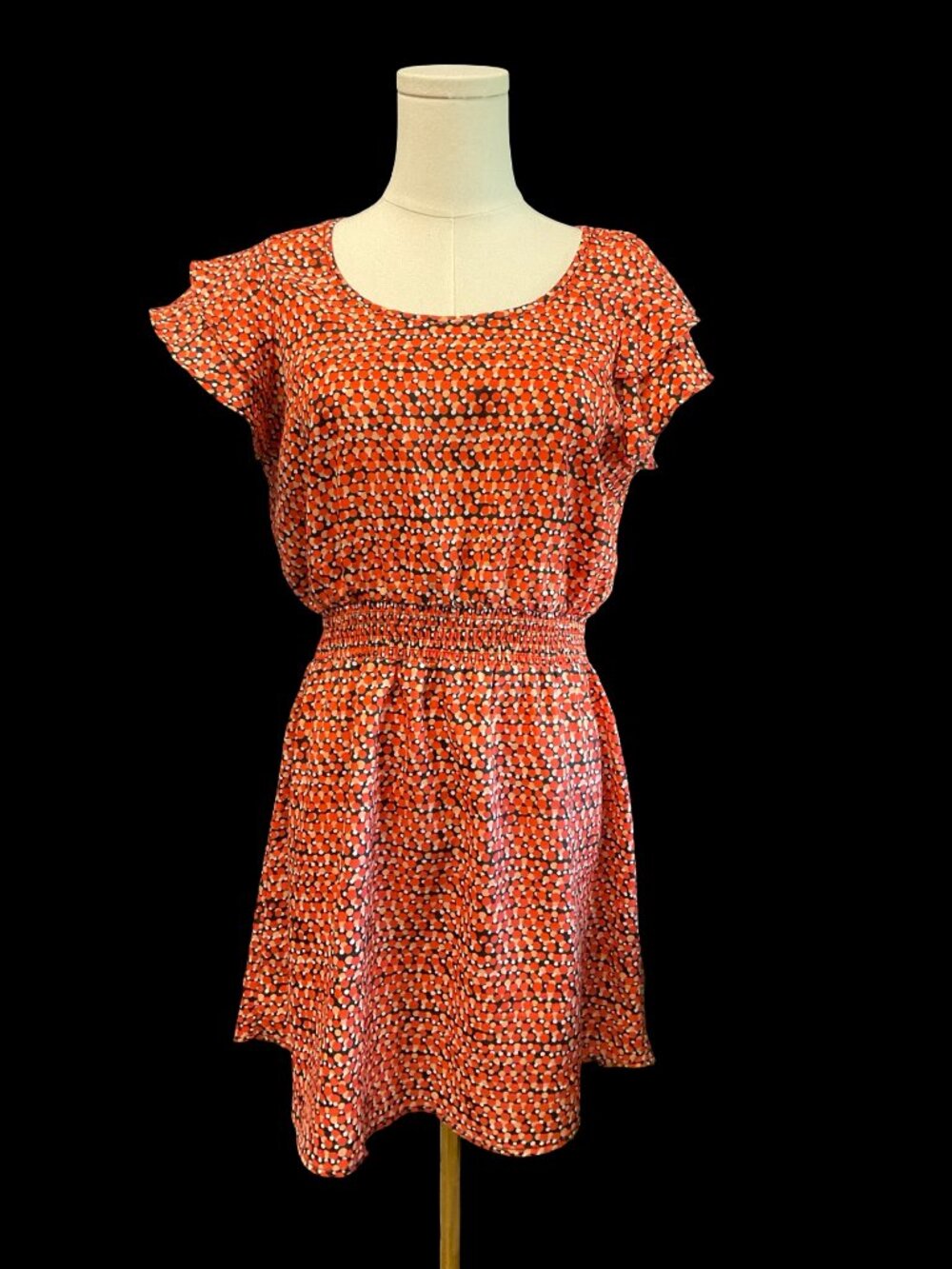 Orange Circle Print Dress w/ Shirred Waist Detail